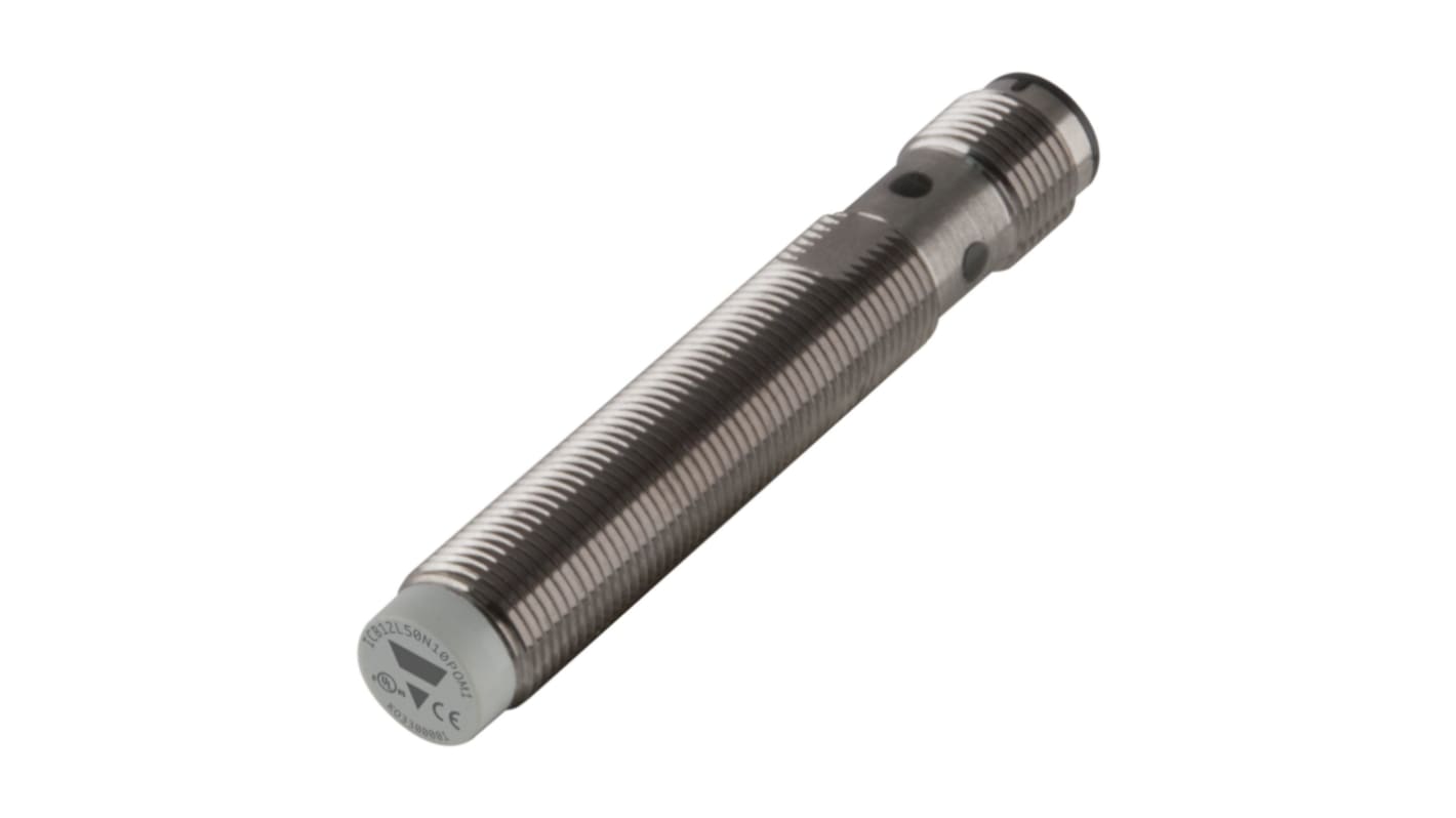 Sensore di prossimità induttivo cilindrico PNP M12 Carlo Gavazzi ICB12L50N10POM1, gamma di rilevamento 10 mm, grado di protezione IP67.