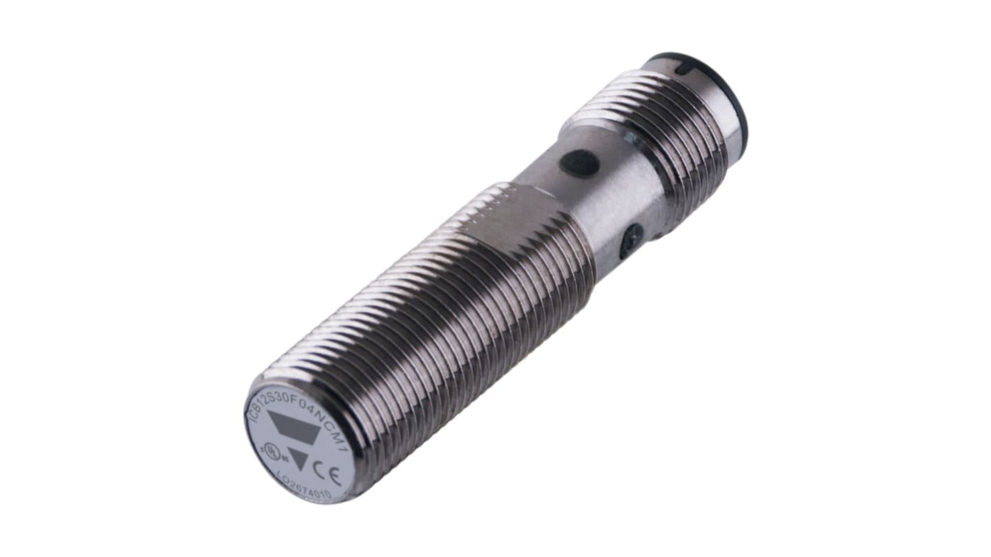 Sensore di prossimità induttivo cilindrico NPN M12 Carlo Gavazzi ICB12S30F04NOM1, gamma di rilevamento 4 mm, grado di protezione IP67.