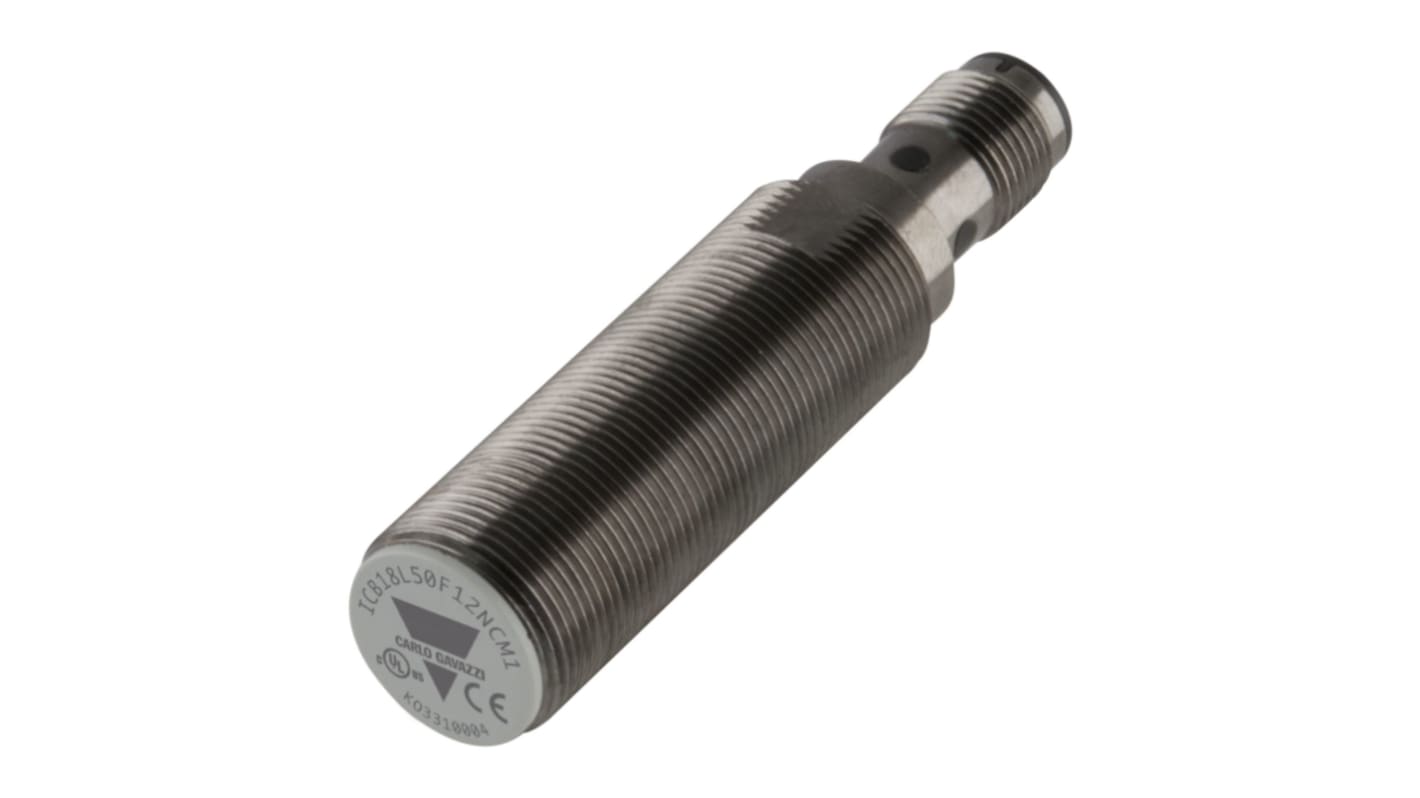 Sensore di prossimità induttivo Carlo Gavazzi ICB18L50F12POM1, cilindrico M18, PNP, 12 mm di rilevamento, IP67, alimentazione 10-36 V CC.