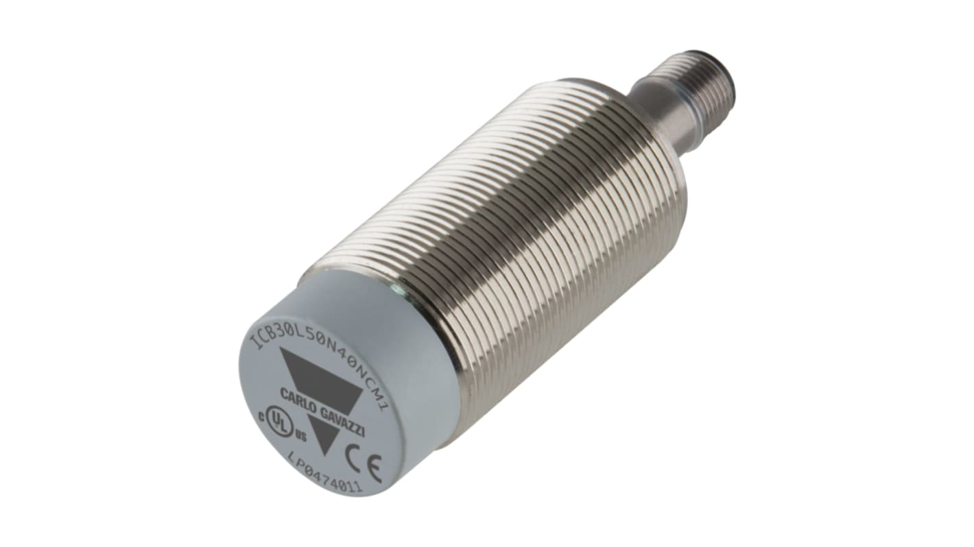 Carlo Gavazzi ICB30L50N40POM1, sensore induttivo cilindrico PNP M30, rilevamento 40 mm, alimentazione 10-36 V CC, grado di protezione IP67.