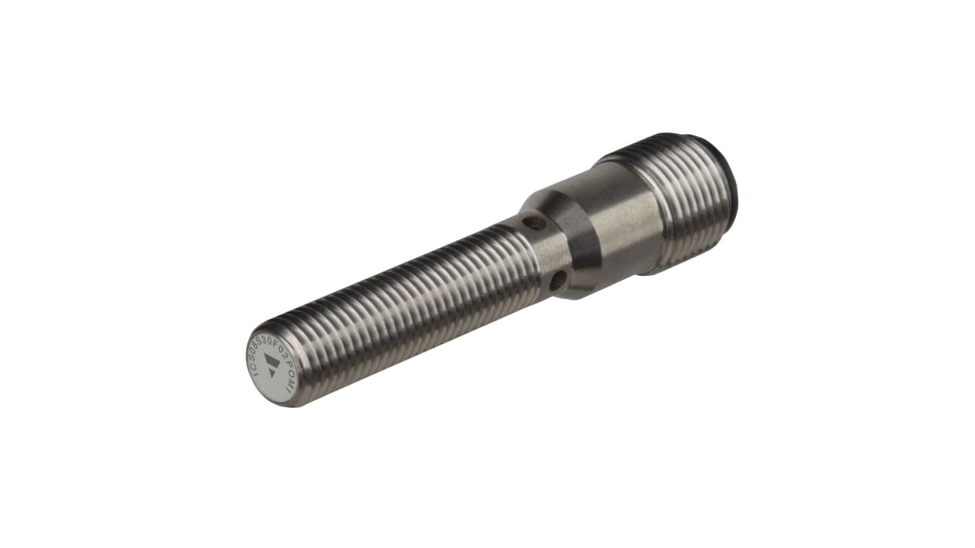 Sensore di prossimità induttivo cilindrico PNP M8 Carlo Gavazzi ICS08S30F02POM1, con gamma di rilevamento 2 mm e grado di protezione IP67.
