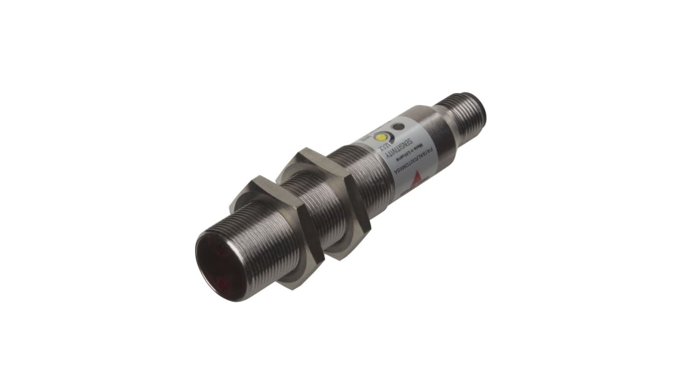 Sensore fotoelettrico cilindrico Carlo Gavazzi PA18ALR30TCM6SA, rilevamento fino a 3000 mm, con uscita a due fili e grado di protezione IP67.