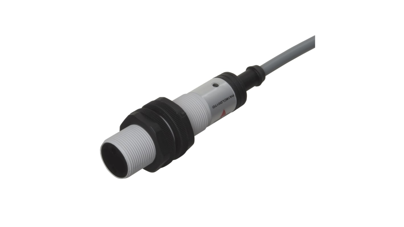 Sensore fotoelettrico Carlo Gavazzi PA18CLD02TC, cilindrico, rilevamento 0-200 mm, uscita due fili, IP67.