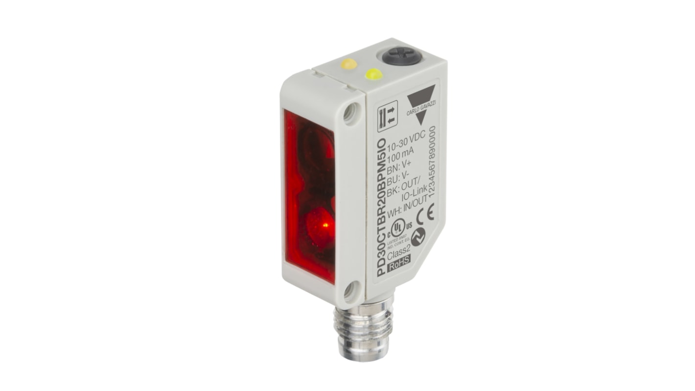 Carlo Gavazzi PD30CTBR20BPM5IO, sensore fotoelettrico rettangolare a riflessione diffusa, rilevamento 0-200 mm, con connettore M8, IP67.