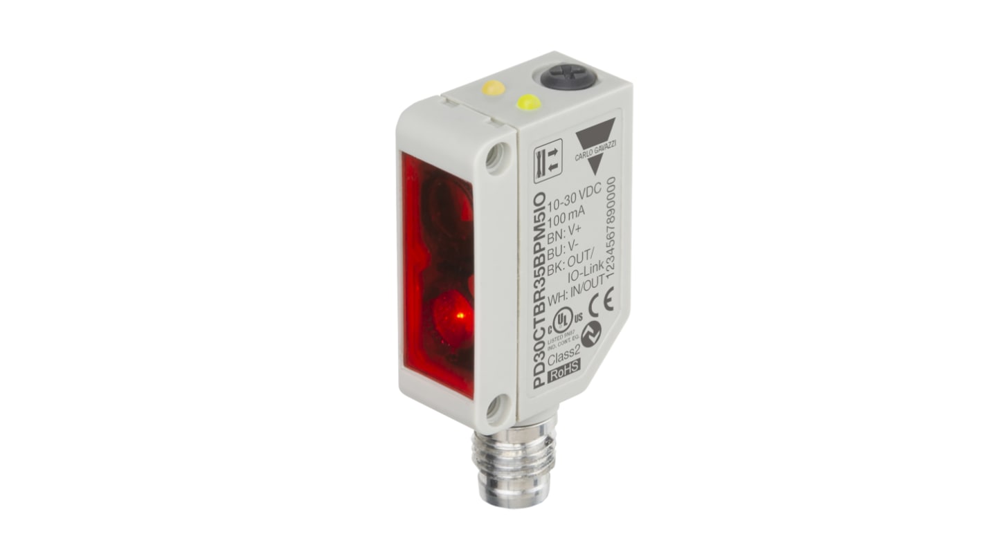 Sensore fotoelettrico Carlo Gavazzi PD30CTBR35BPM5IO, rettangolare, rilevamento fino a 350 mm, con uscita PNP/NPN, grado di protezione IP67.