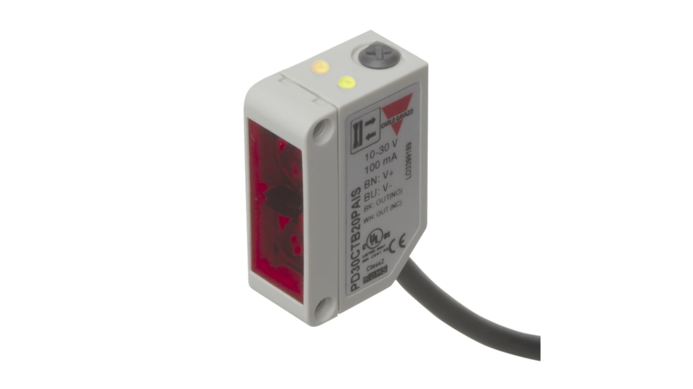 Carlo Gavazzi PD30CTD10PASA, sensore fotoelettrico rettangolare a riflessione diffusa, 0-1000 mm, IP67, 10 x 30 x 20 mm.