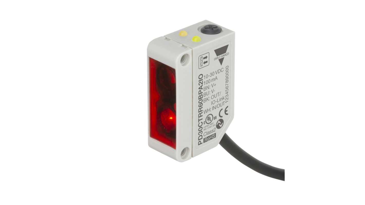 Carlo Gavazzi PD30CTRR60BPA2IO, sensore fotoelettrico rettangolare polarizzato, rilevamento fino a 6000 mm, uscita PNP/NPN, IP67.