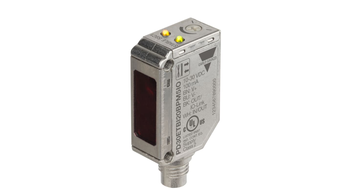 Carlo Gavazzi PD30ETBI20BPM5IO, sensore fotoelettrico rettangolare a riflessione diffusa, rilevamento 0-200 mm, uscita PNP/NPN, connettore M8, IP69K.