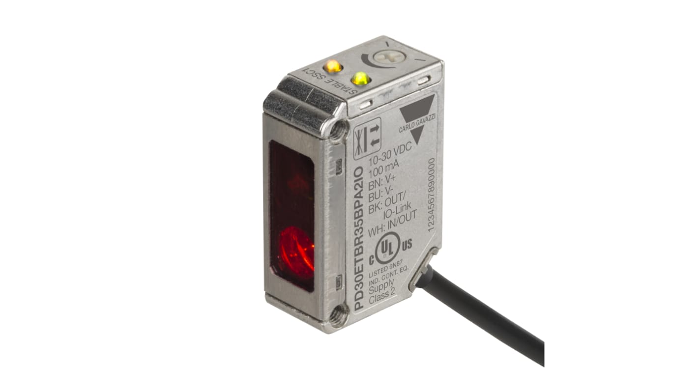 Sensore fotoelettrico Carlo Gavazzi PD30ETBR35BPA2IO, rettangolare, riflessione diffusa, rilevamento fino a 350 mm, IP69K.