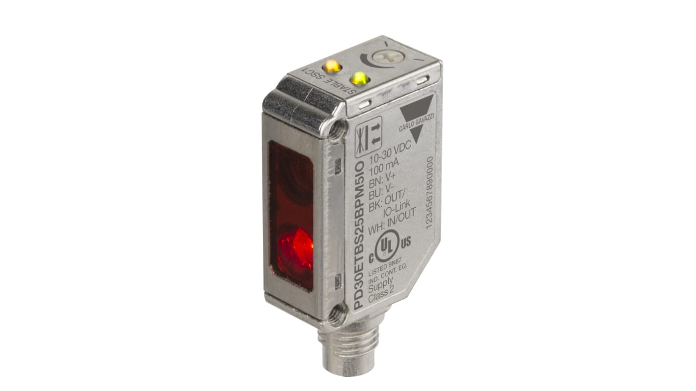 Carlo Gavazzi PD30ETBS25BPM5IO, sensore fotoelettrico rettangolare a riflessione diffusa, rilevamento fino a 250 mm, con uscita PNP/NPN e connettore M8.