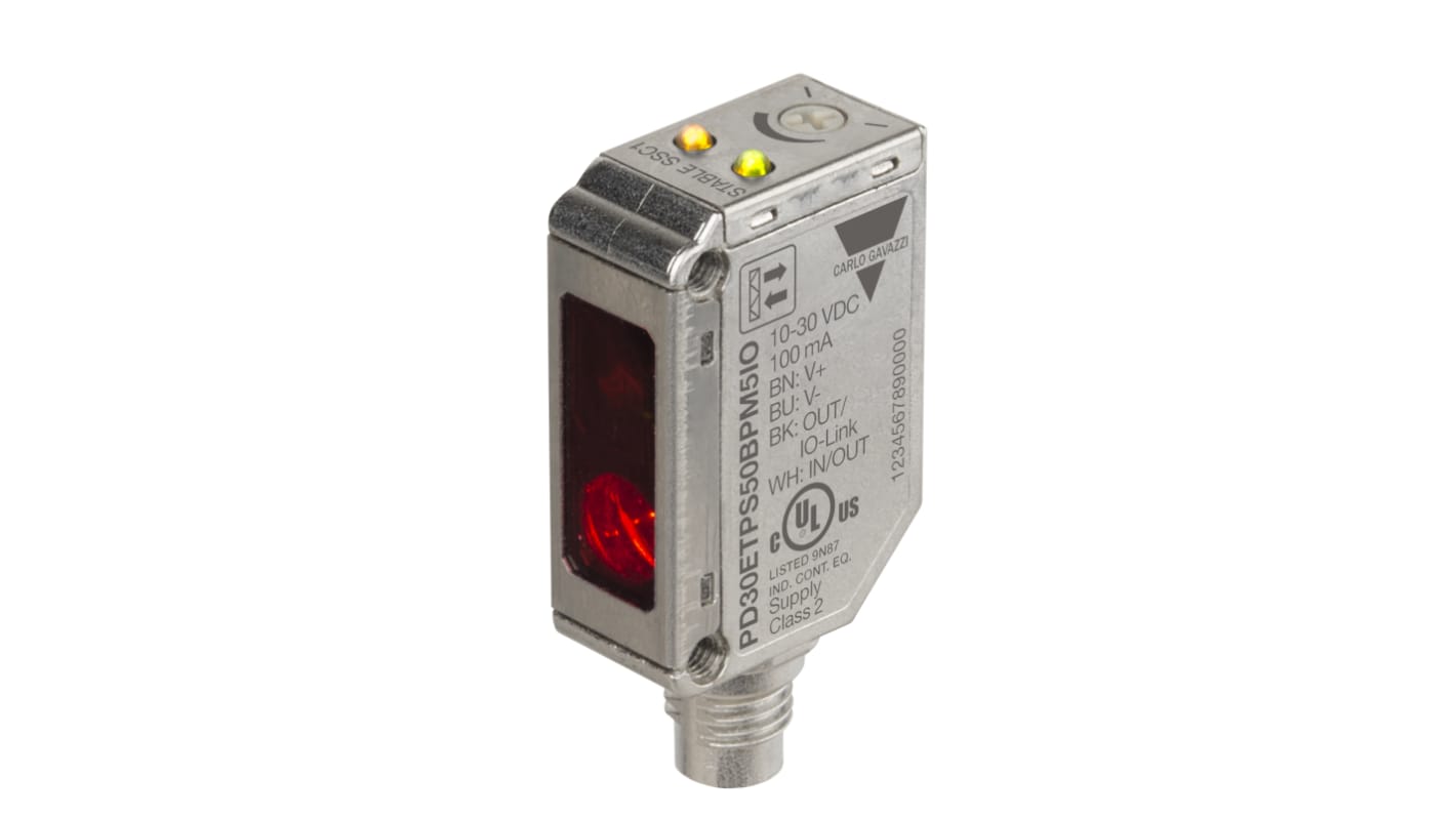 Carlo Gavazzi PD30ETPS50BPM5IO, sensore fotoelettrico rettangolare polarizzato, rilevamento fino a 5000 mm, uscita PNP/NPN, connettore M8.