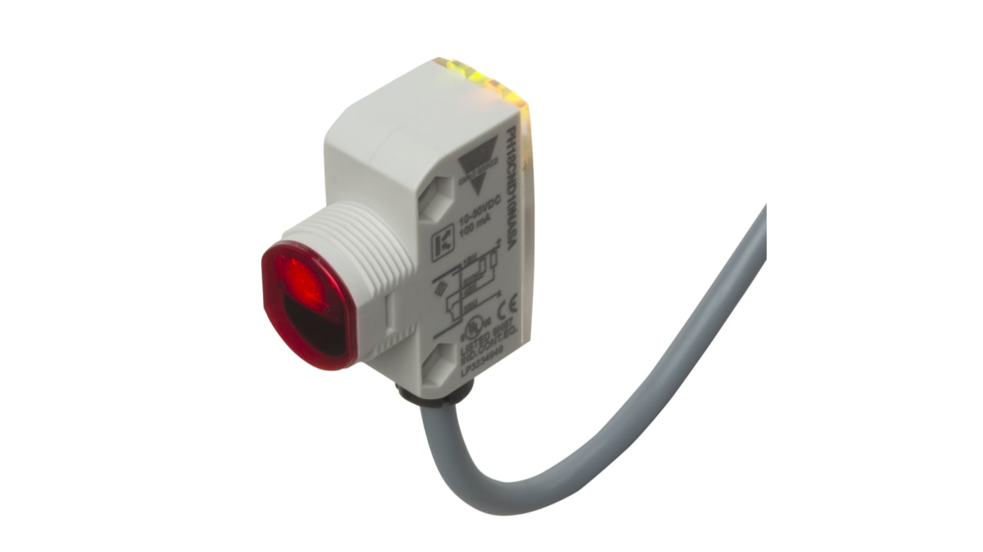 Carlo Gavazzi PH18CNP50PASA, sensore fotoelettrico miniaturizzato polarizzato, rilevamento fino a 5000 mm, contenitore cilindrico 18 mm, IP67/IP69K.