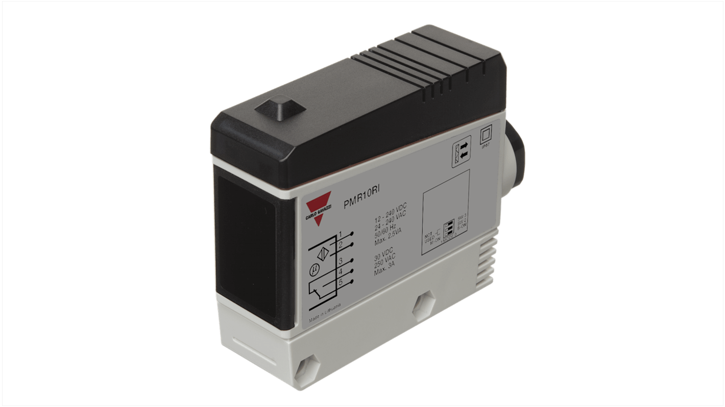 Carlo Gavazzi PMR10RI, sensore fotoelettrico rettangolare a retroriflessione, portata 10 m, grado di protezione IP67, dimensioni 25 x 65 x 81 mm.