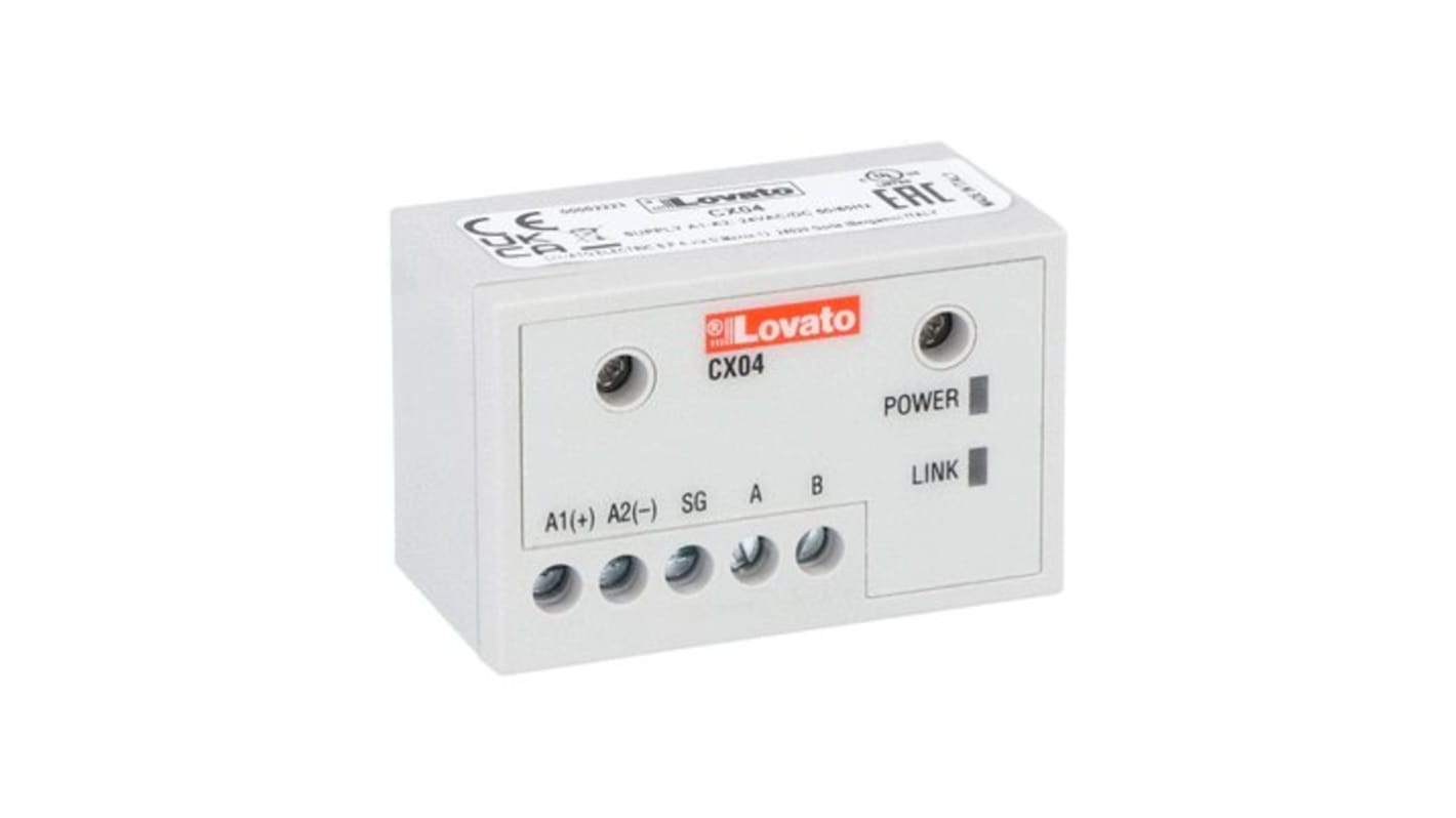 Modulo di comunicazione Lovato CX04, RS485, alimentazione 24 V, compatibile con protocollo MODBUS-RTU, peso 40 g.