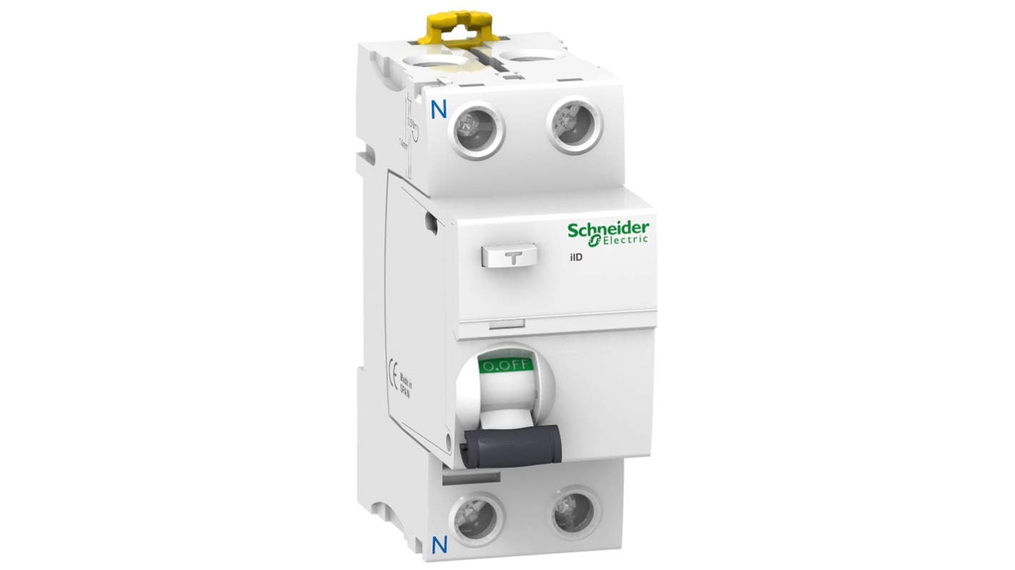 Interruttore automatico RCCB 2 poli 40A 30mA di Schneider Electric, progettato per protezione contro le perdite di terra.