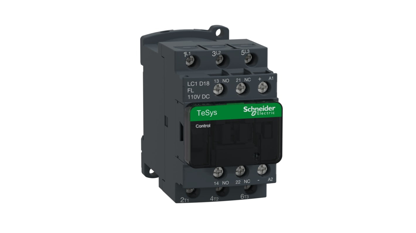 Contattore Schneider Electric LC1D18FL, 3 poli 3NO, 18 A, bobina 110 V c.c., per controllo motore e carico resistivo.