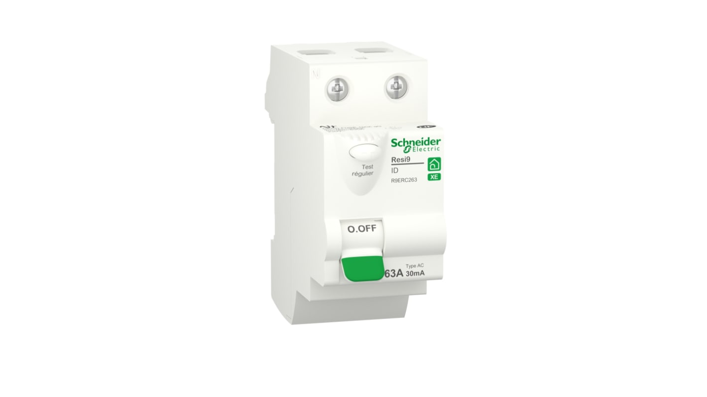 Interruttore differenziale Schneider Electric R9ERC263, 2 poli, 63A, 30mA, tipo AC, per montaggio in pannello elettrico.