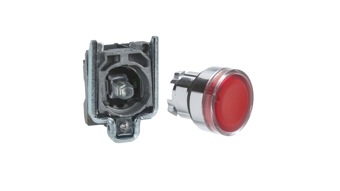Pulsante luminoso Schneider Electric XB4BW34B1, rosso, montaggio a pannello, 22 mm, 1 contatto NO, 24V, protezione IP66/IP67/IP69K.