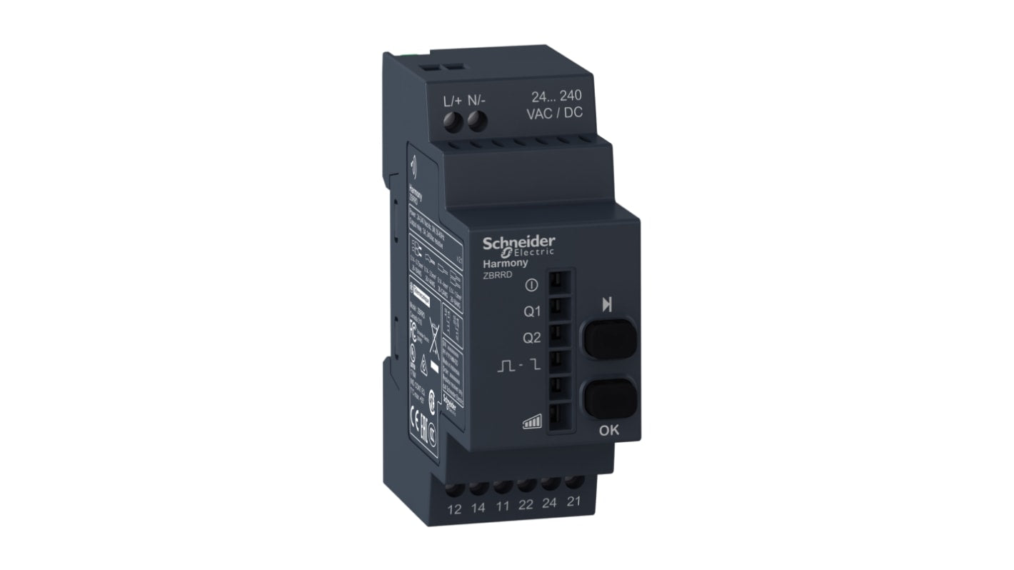 Relè di interfaccia a stato solido Schneider Electric ZBRRD DIN 250 V ac/dc 5 mA. Programmabile con 2 pulsanti e 6 LED. Sostenibile e senza metalli pesanti.