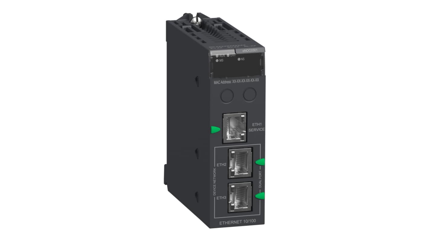 Modulo Ethernet Schneider Electric BMENOC0301, dotato di 3 porte RJ45, per comunicazione industriale a 24 V c.c.