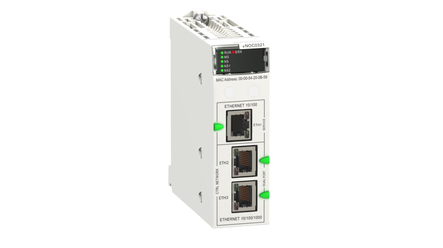 Modulo di comunicazione Schneider Electric BMENOC0321 per router, con 3 connettori Ethernet RJ45 e supporto IP.