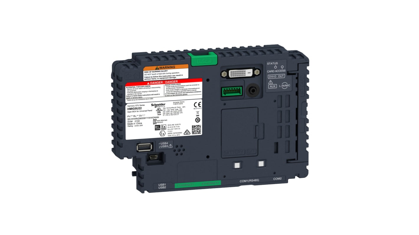 Computer industriale Schneider Electric HMIG5U22, processore X86, RAM 4 GB, alimentazione 24 V c.c., dimensioni 188 x 131 x 45 mm.