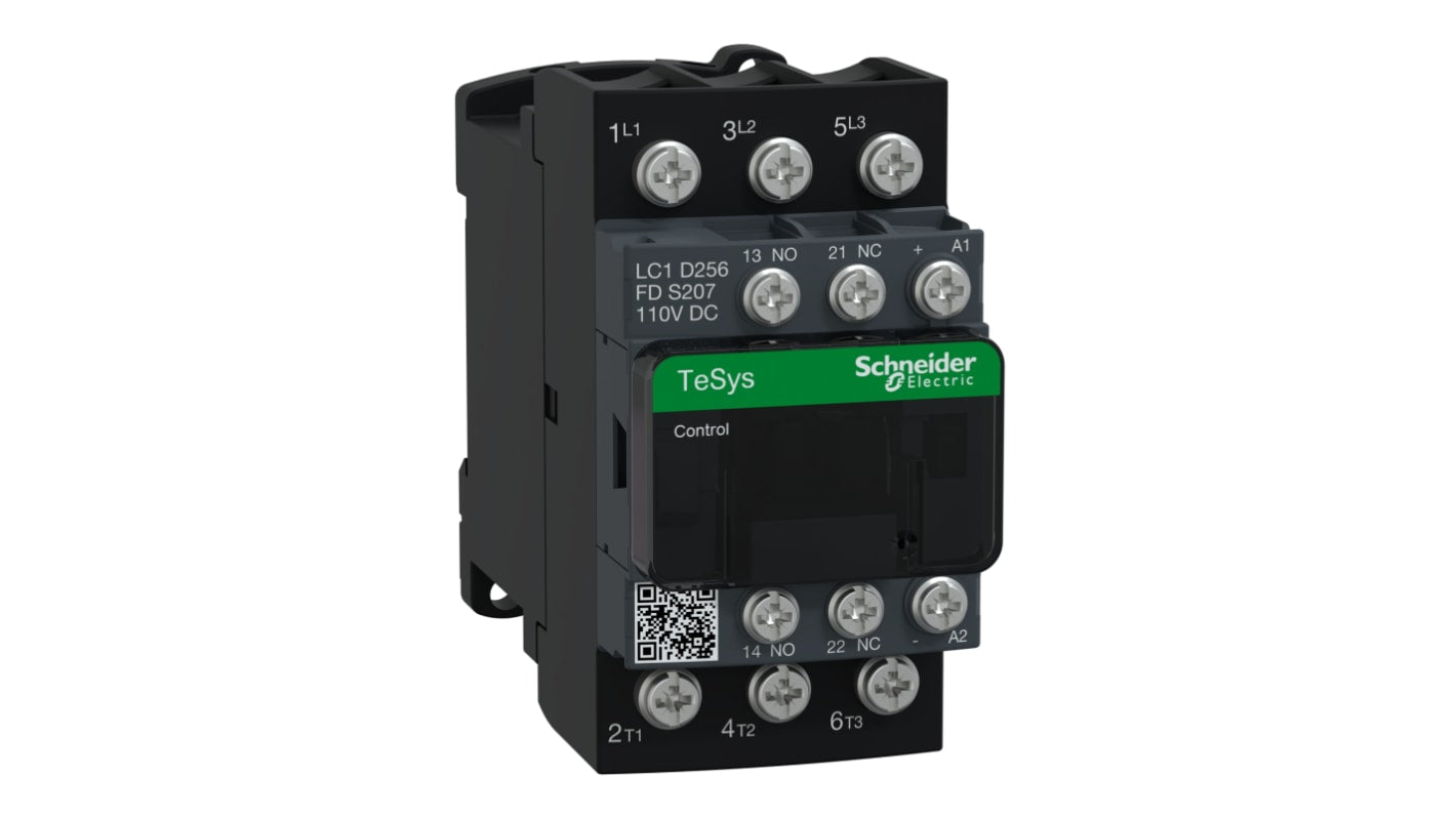 Contattore Schneider Electric LC1D256FDS207, 3 poli 3NO, 25 A, bobina 110 V c.c., per controllo motore e carico resistivo.