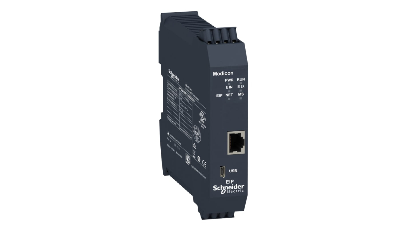 Modulo di espansione Schneider Electric XPSMCMCO0000EIG per comunicazioni IP Ethernet, con connettore RJ45 e alimentazione 24 V.