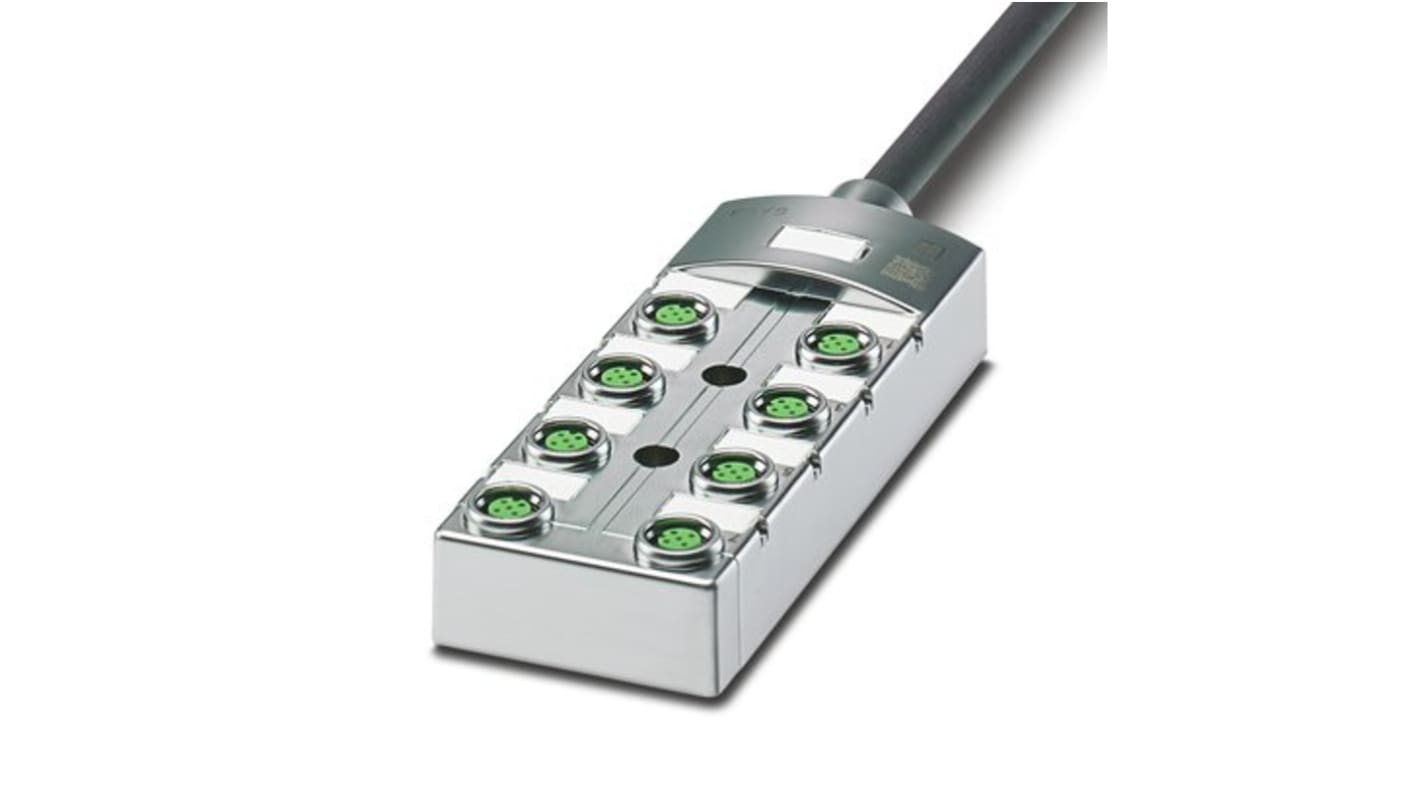 Scatola sensore Phoenix Contact 1155995, 8 porte M12, tensione 48V, cavo 10m, assemblaggio rapido e diagnostica semplice.