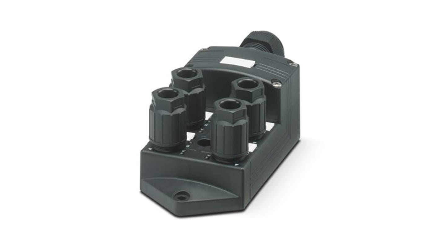 Scatola sensore Phoenix Contact 1156005, 4 porte M12, tensione 30V cc, cavo 5m, assemblaggio rapido e diagnostica semplice.