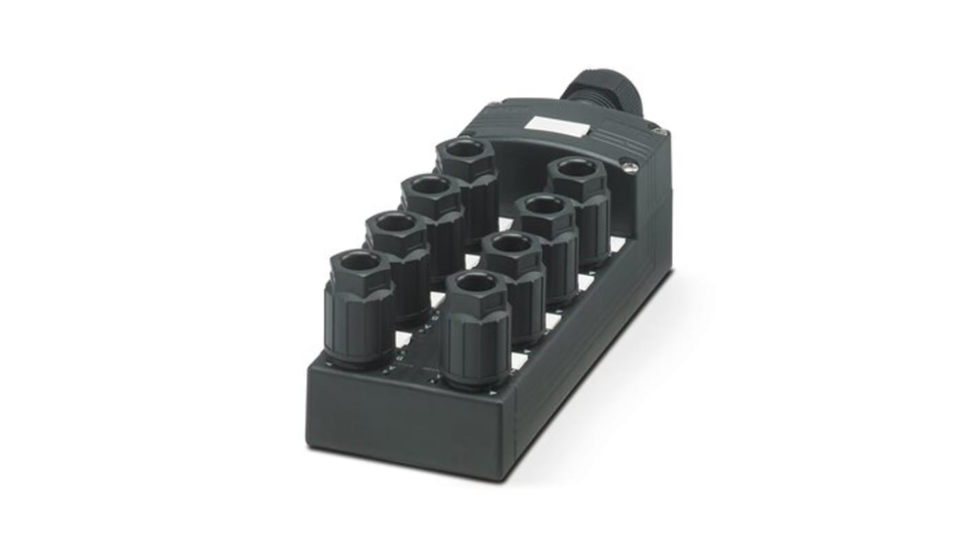 Scatola sensore Phoenix Contact 1156006, 8 porte M12, tensione 30V cc, cavo 5m, assemblaggio rapido, grado di protezione elevato.