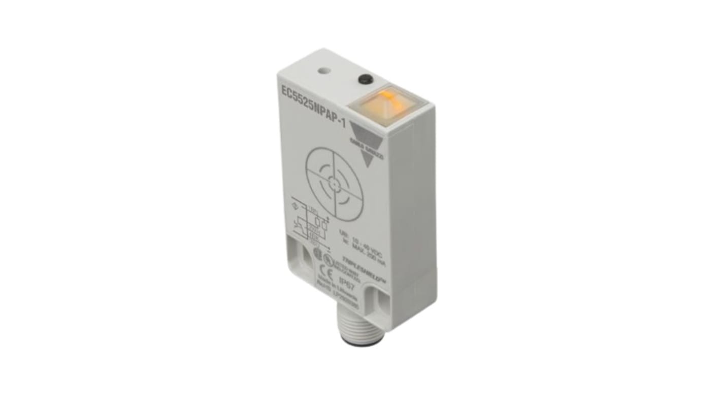 Sensore di prossimità NPN Carlo Gavazzi EC5525NPAP-1, rilevamento 25 mm, alimentazione 10-40 V c.c., IP67, dimensioni 35 x 55 x 15 mm.