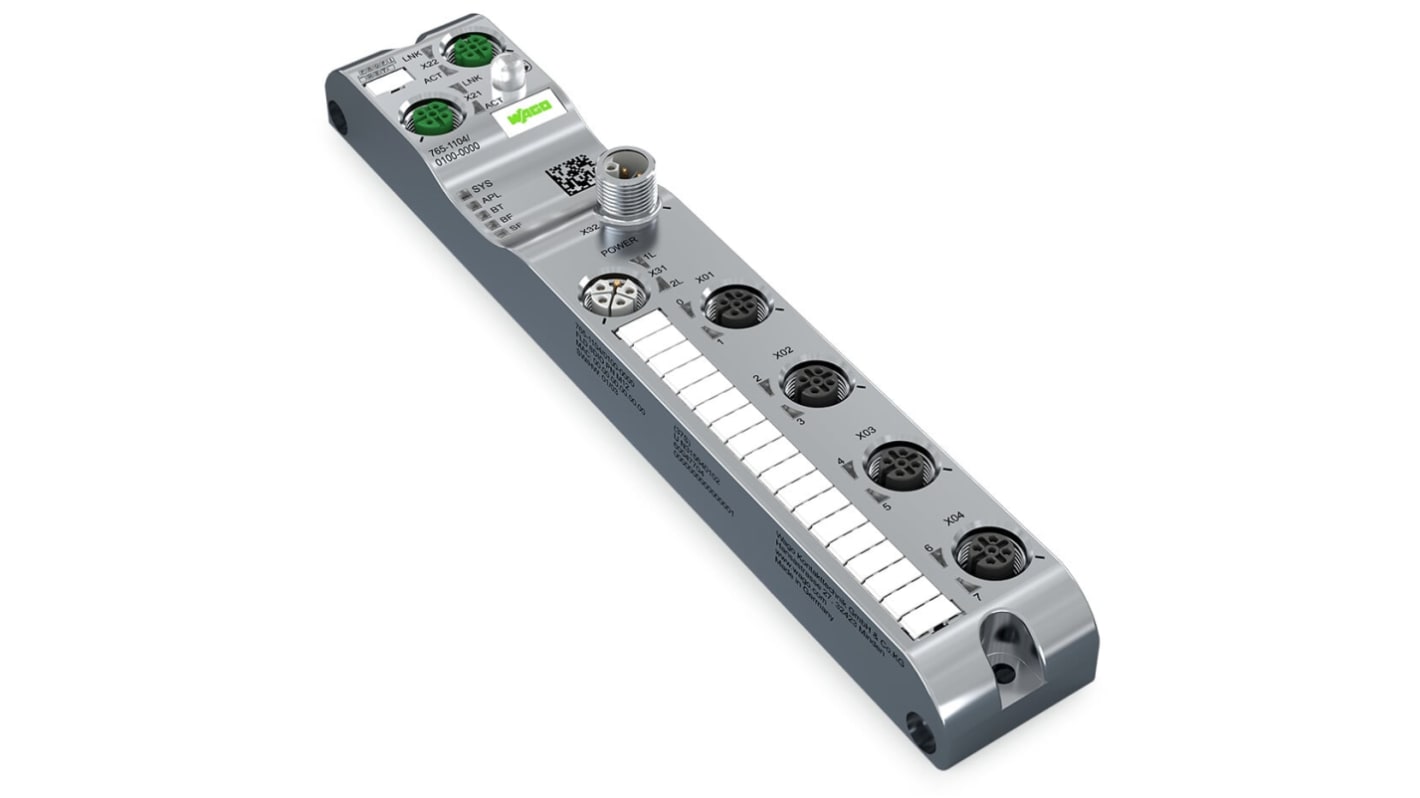 Modulo I/O Wago 765-1104/100-000, 4 porte M12 Profinet, 24 V cc, 2 A, 8 ingressi digitali, orientamento orizzontale.