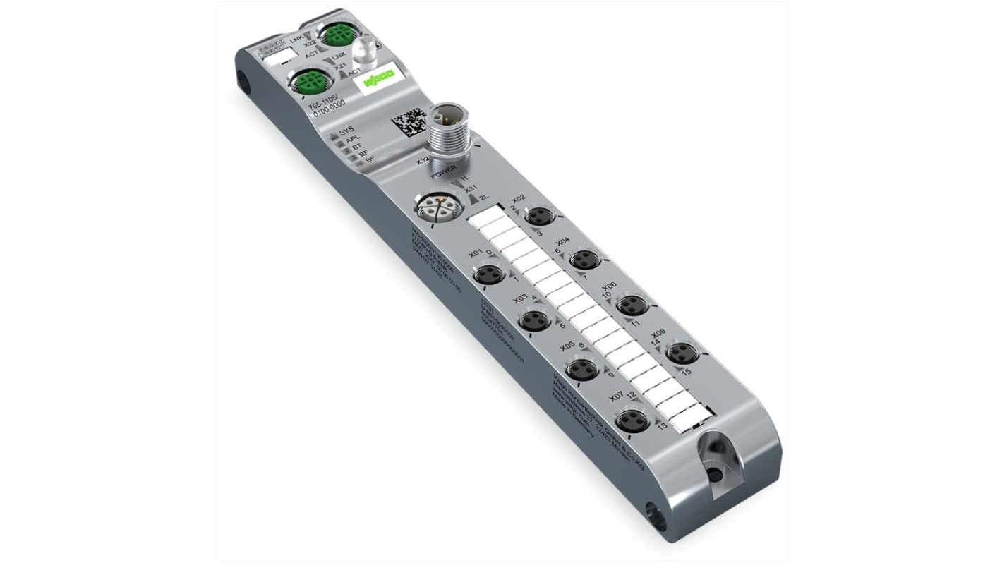 Modulo I/O Wago 765-1105/100-000, 8 porte Profinet, connettore M8, protezione IP67, tensione 24V cc, orientamento orizzontale.