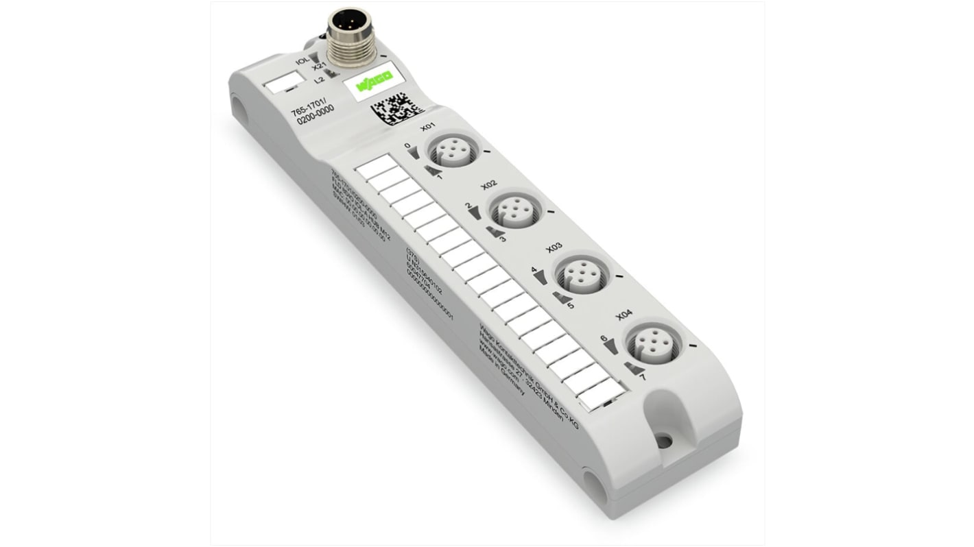 Modulo I/O Wago 765-1701/200-000, 4 porte IO-Link M12, tensione 24 V cc, corrente 2,0 A, orientamento orizzontale.
