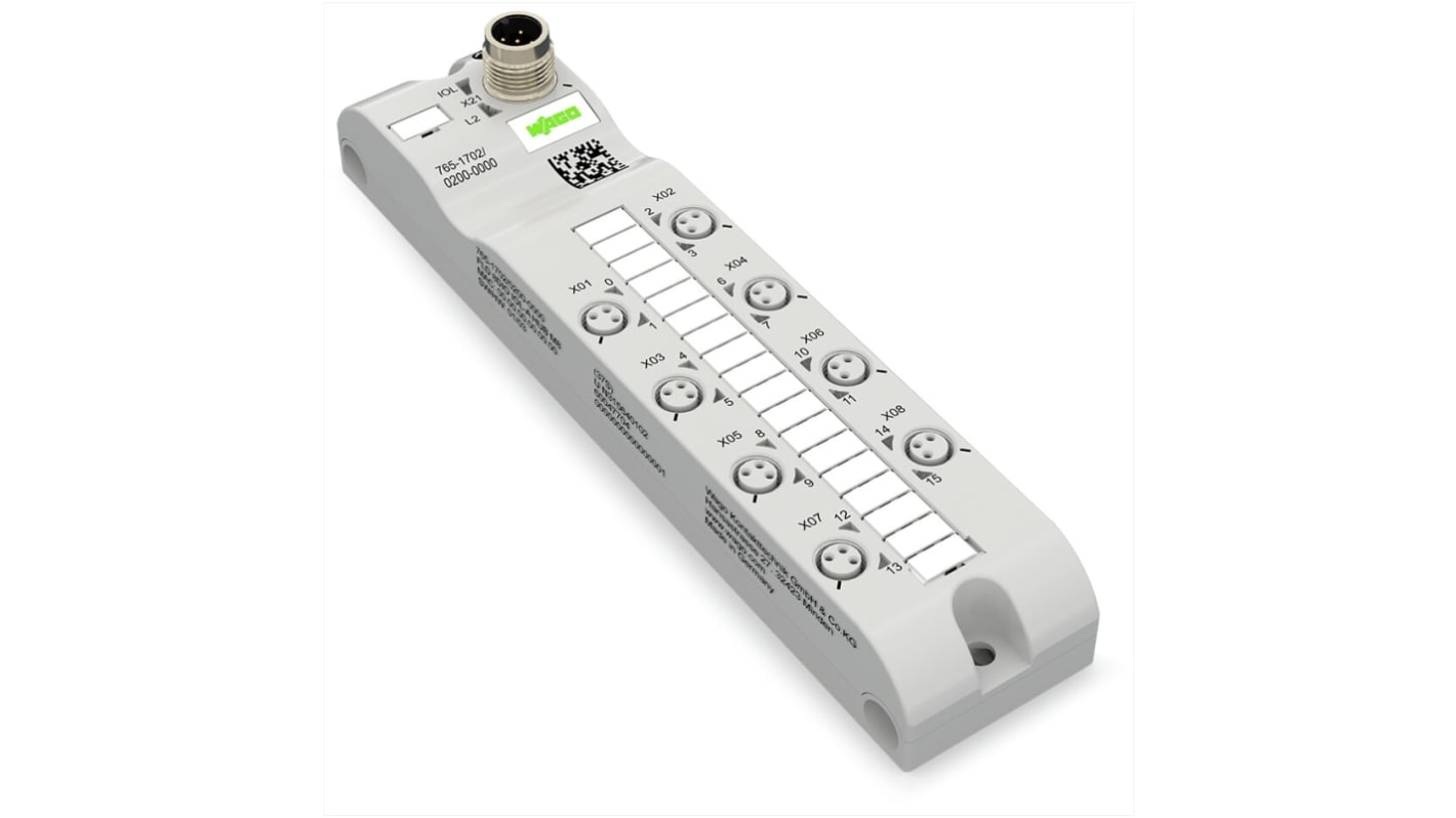 Modulo I/O Wago 765-1702/200-000, 8 porte IO-Link M12, 24V cc, protezione IP67, orientamento orizzontale.