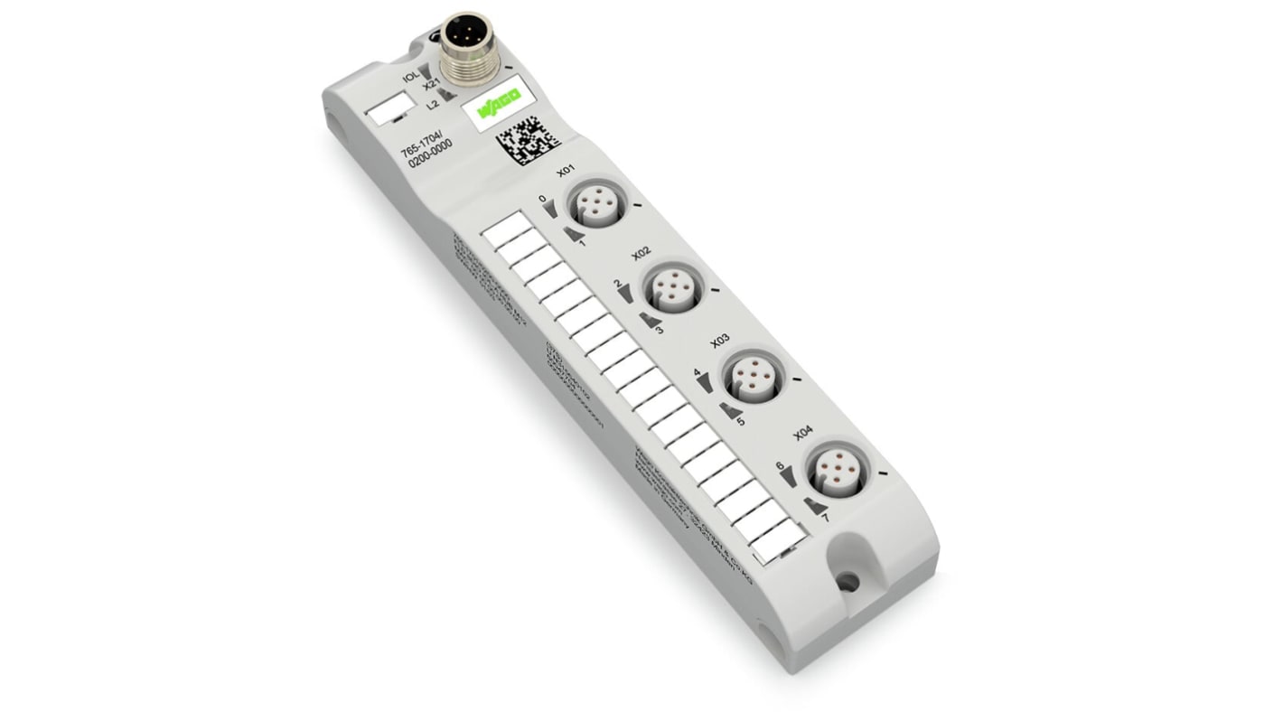 Modulo I/O Wago 765-1704/200-000, 4 porte IO-Link M12, tensione 24 V cc, corrente 2,0 A, orientamento orizzontale.