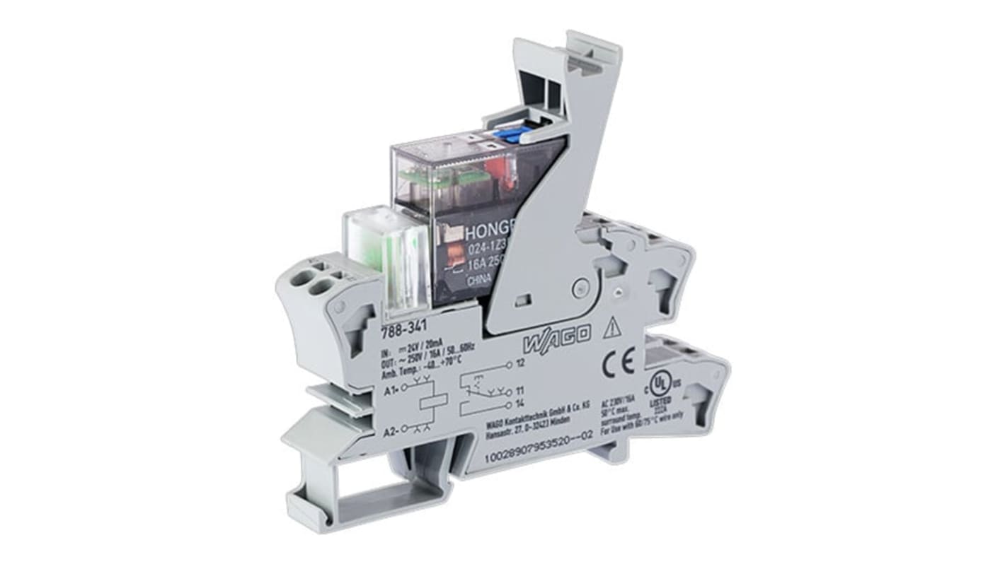 Modulo relè Wago 788341 SPDT per guida DIN, tensione 24V cc, corrente 16A, montaggio su guida DIN-35.