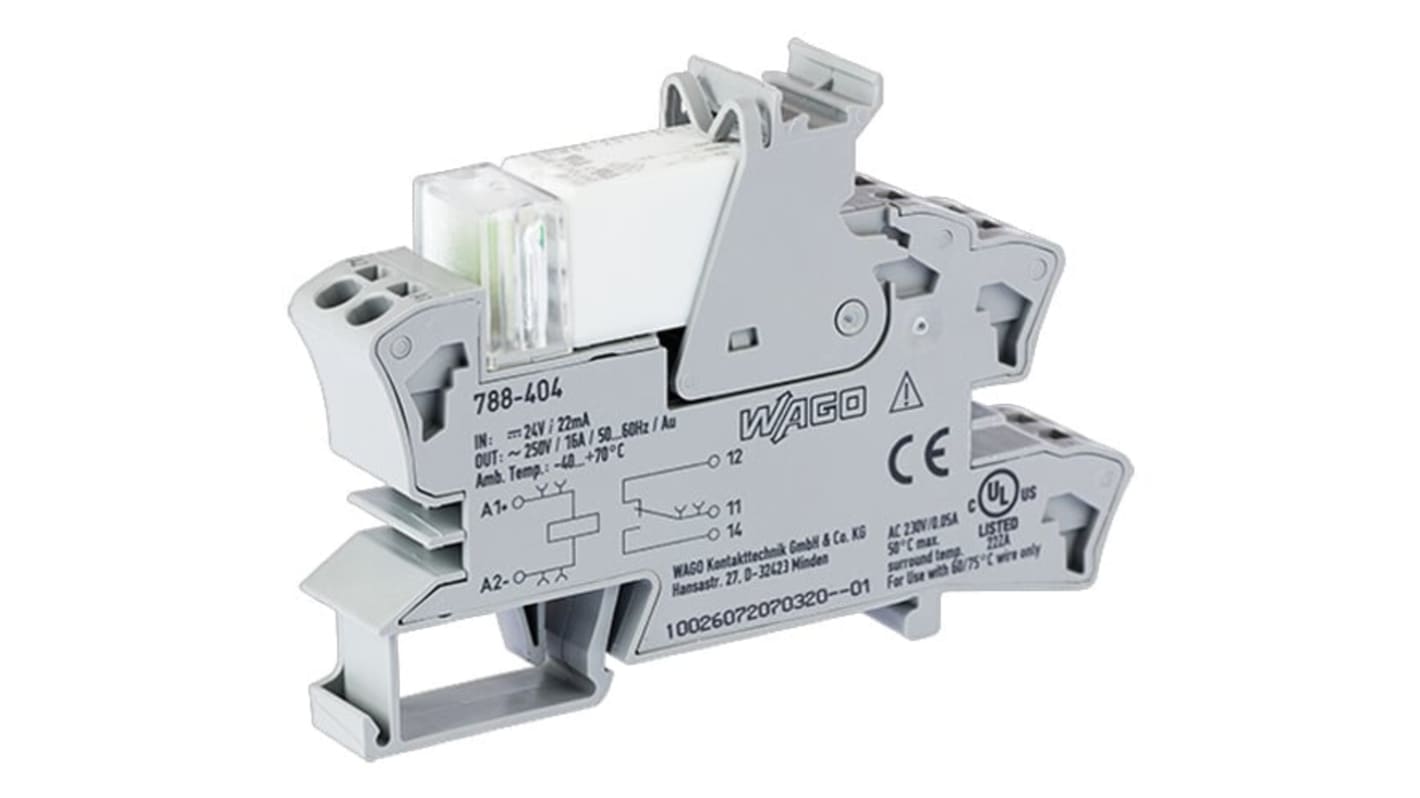 Modulo relè Wago 788404 SPDT per guida DIN, tensione 24V cc, corrente 16A, montaggio su guida DIN-35.