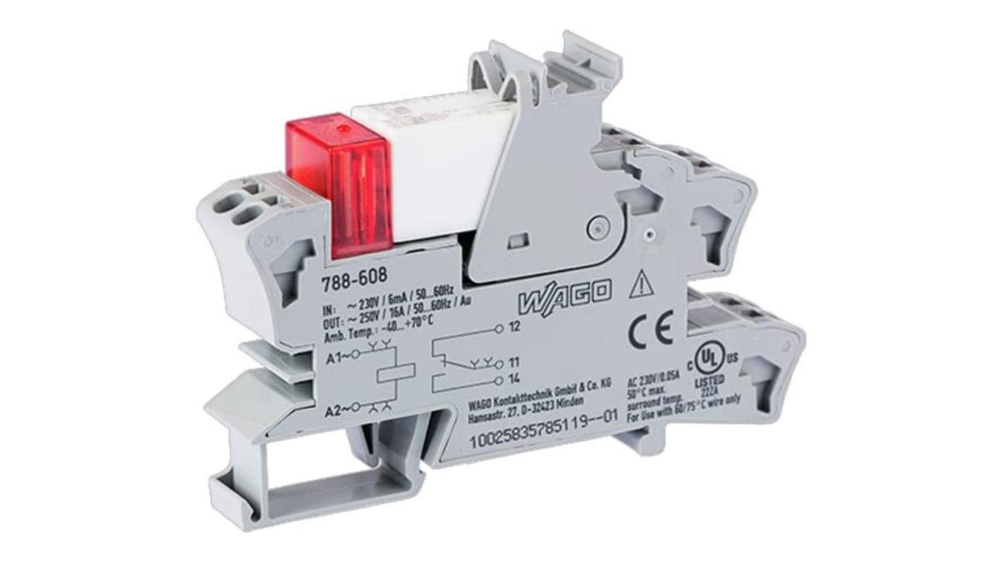 Modulo a relè Wago 788608 SPDT per guida DIN, tensione 230V, corrente 16A, montaggio su guida DIN-35.