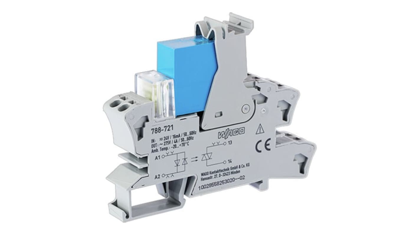 Wago 788721, modulo relè a stato solido per guida DIN, carico massimo 4 A, tensione fino a 230 V, montaggio su guida DIN-35.