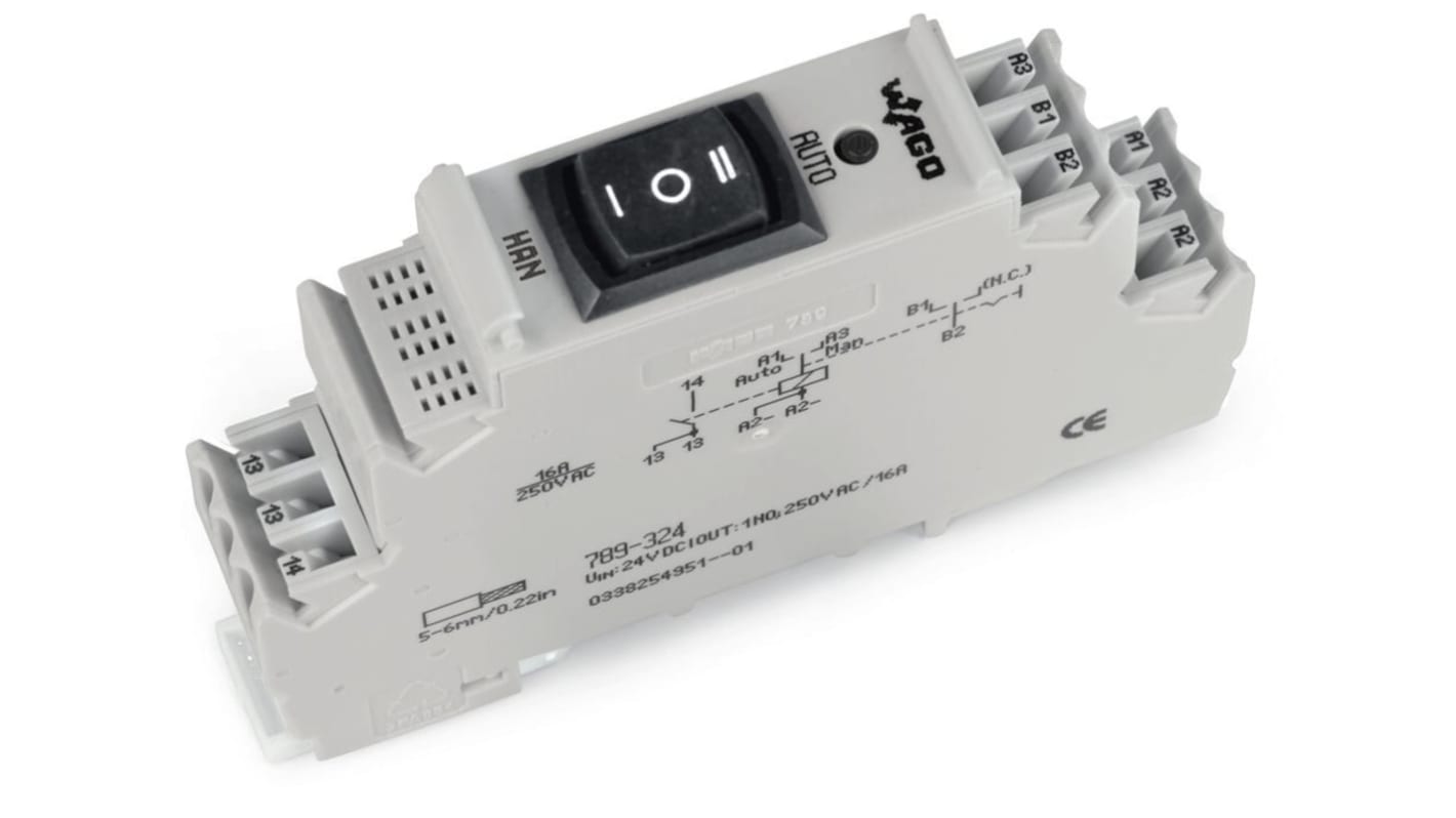 Modulo relè Wago 789324 per guida DIN, tensione 24V cc, corrente 16A, montaggio su guida DIN-35, conforme RoHS.