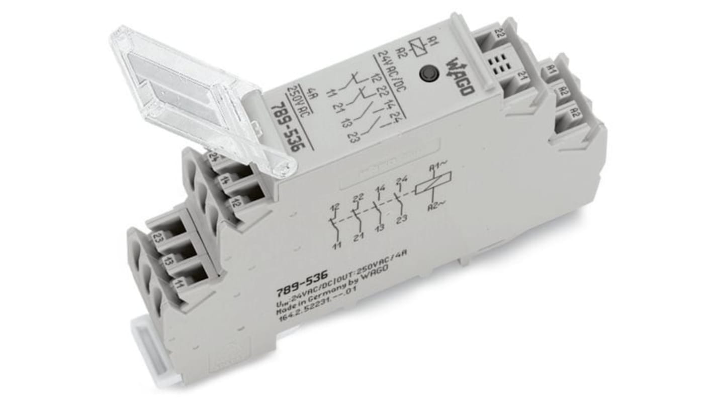 Modulo relè Wago 789536 per guida DIN, 4 poli, tensione 24V, corrente 4A, montaggio su guida DIN-35, conforme RoHS.