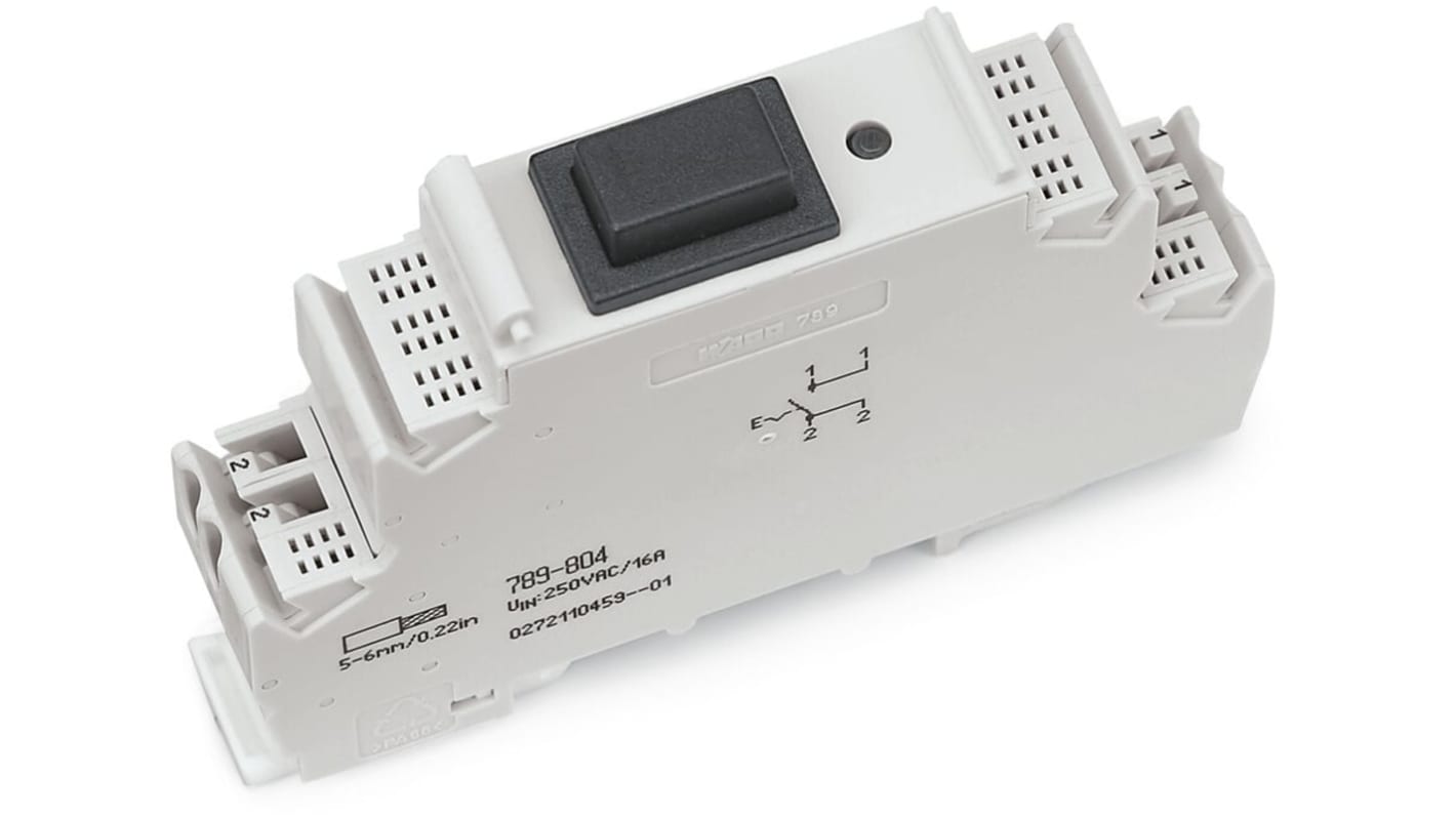 Interruttore automatico Wago 789-804, 16A 250V, montaggio su guida DIN 35, tecnologia CAGE CLAMP, conforme a ROHS.