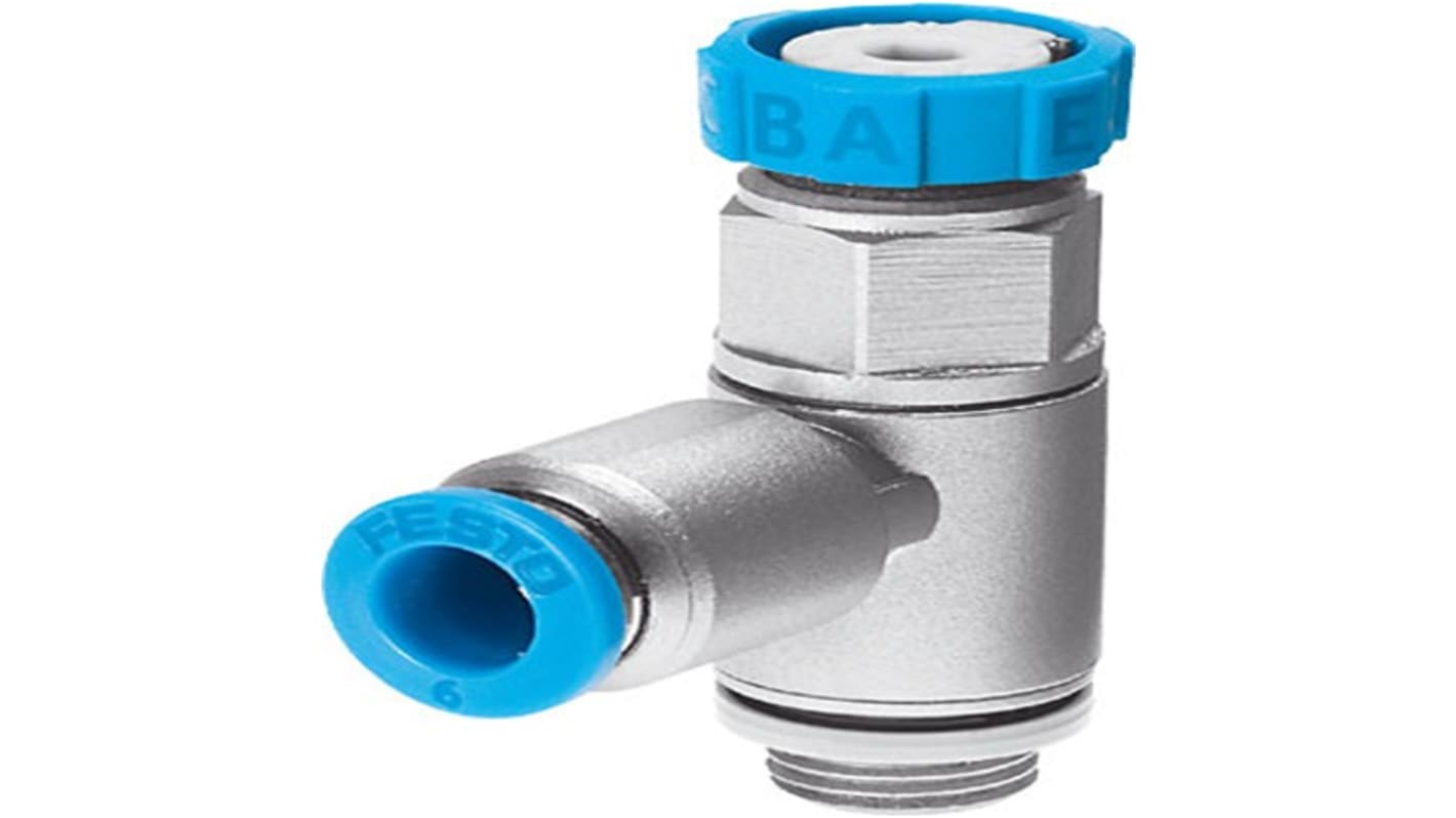 Valvola di controllo Festo GRLSA-1/4-QS-8 per flusso d'aria, filettatura G 1/4, pressione max 8 bar, design robusto in polimero e metallo.