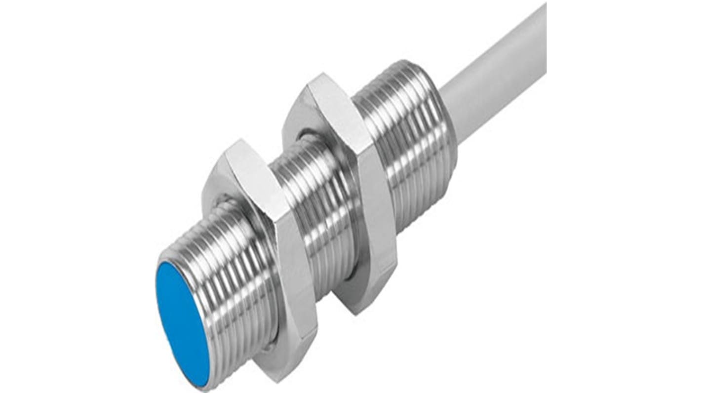 Sensore di prossimità cilindrico Festo SIEH-M12B-NS-K-L, induttivo NPN, M12 x 1, rilevamento 4 mm, IP65/IP67. Corpo in acciaio inox.