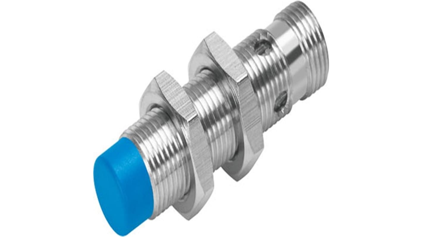 Sensore di prossimità cilindrico PNP M12 Festo SIEN-M12NB-PO-S-L, rilevamento 4 mm, IP65/IP67, con connettore maschio.