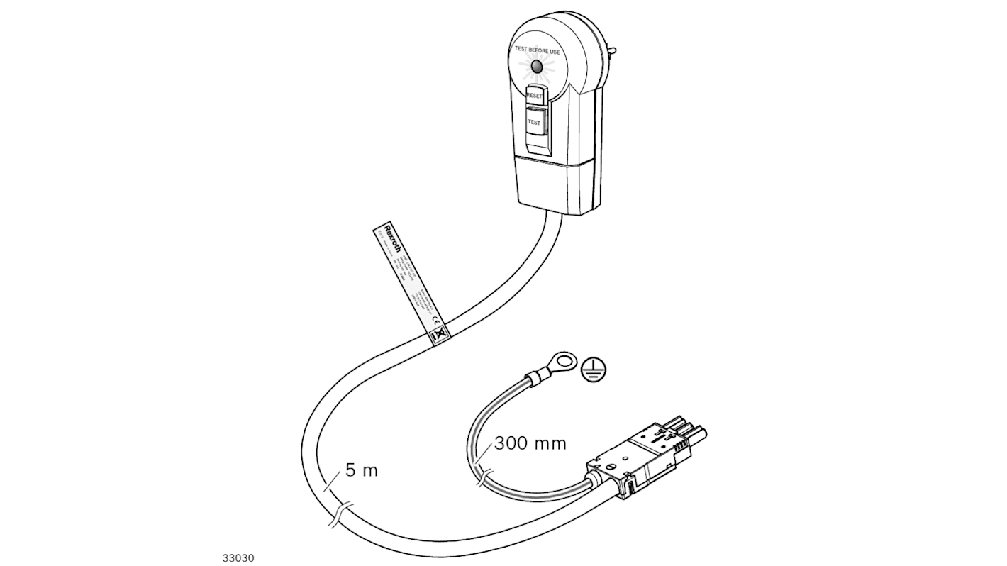 Cavo di alimentazione Bosch Rexroth 3842555600, lunghezza 5m, con modulo RCD e guaina arancione in acciaio galvanizzato.