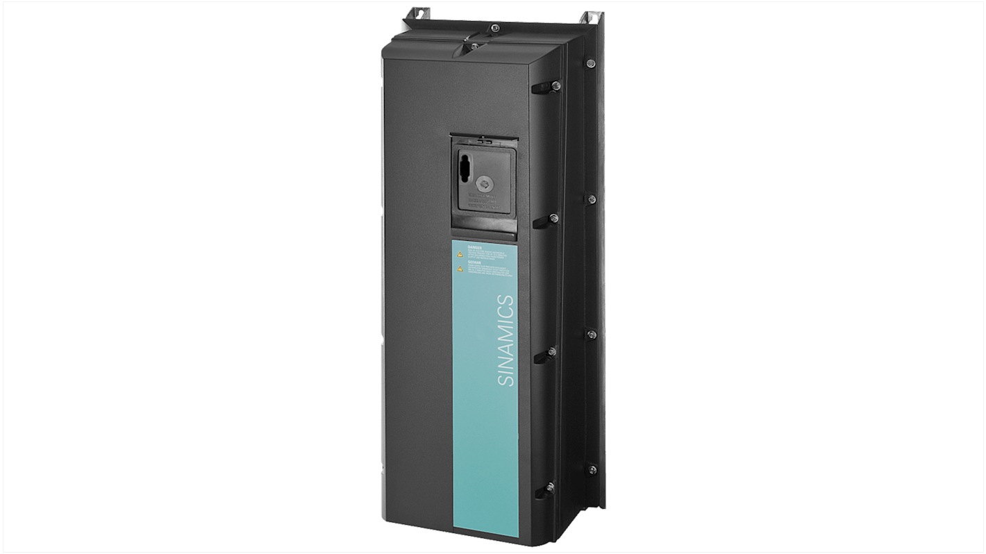 Inverter Siemens 6SL3223-0DE31-8BA0, 18,5 kW, 400 V, 3 fasi, grado di protezione IP55, progettato per recupero energetico.