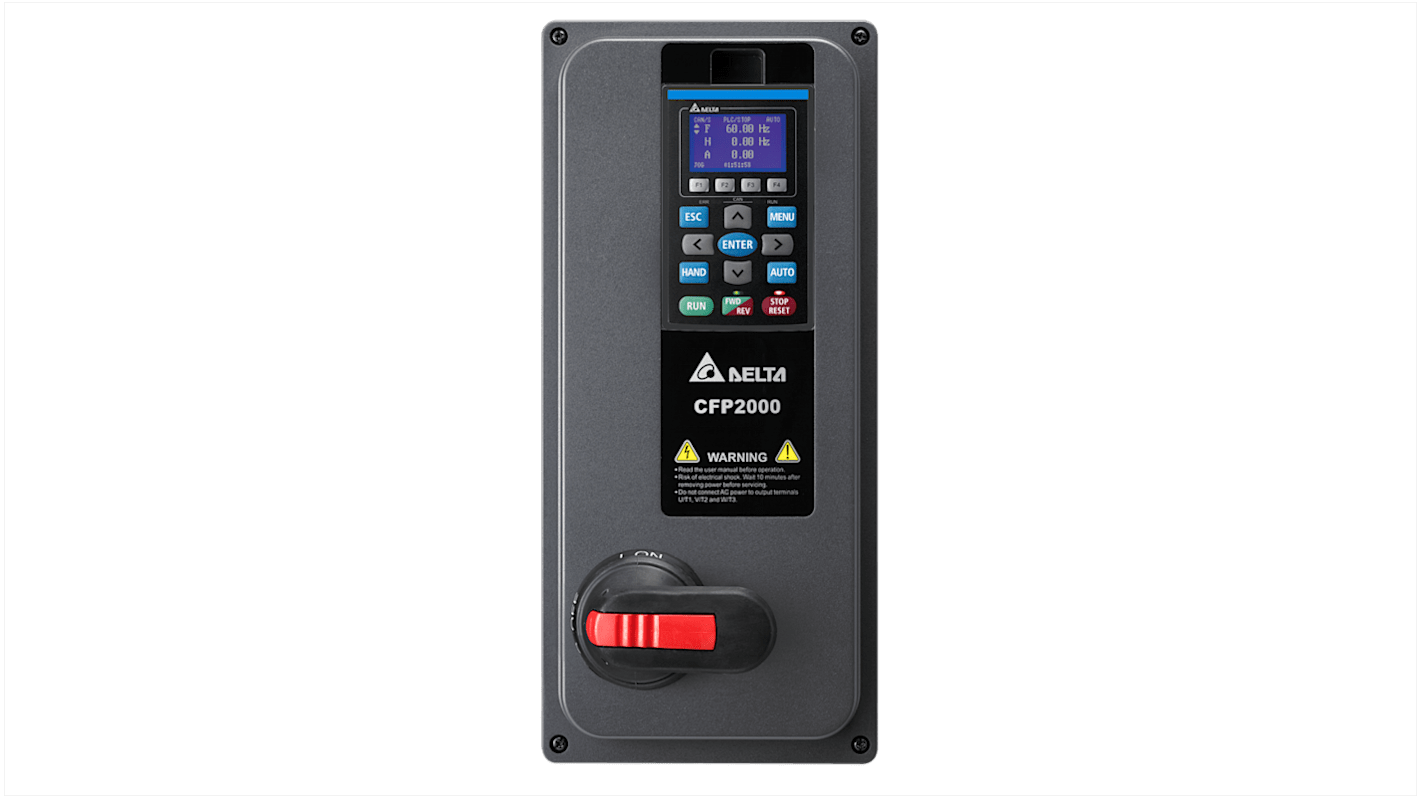 Inverter trifase Delta Electronics VFD037FP4EA-52S, potenza 3,7 kW, montaggio a parete, grado di protezione IP55.